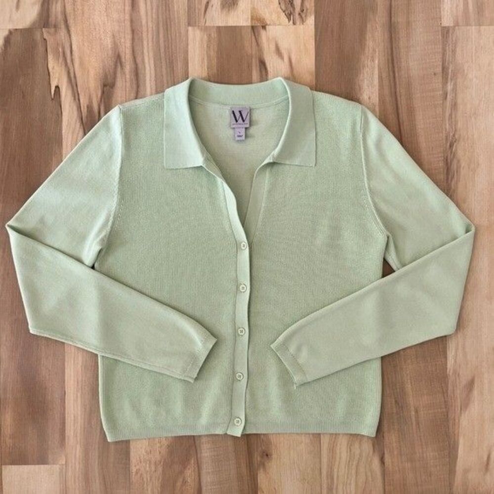 Vintage Cardigan Sweater Women's Large Lime Green Stretchy Fitted Knit Coastal